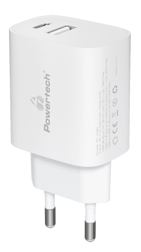 POWERTECH φορτιστής τοίχου PT-1040, USB & USB-C, PD QC3.0, 20W, λευκός -κωδικός PT-1040
