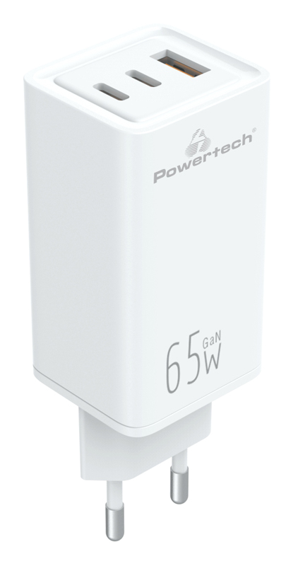 POWERTECH φορτιστής τοίχου PT-1094, USB & 2x USB-C, 65W, GaN, λευκός -κωδικός PT-1094