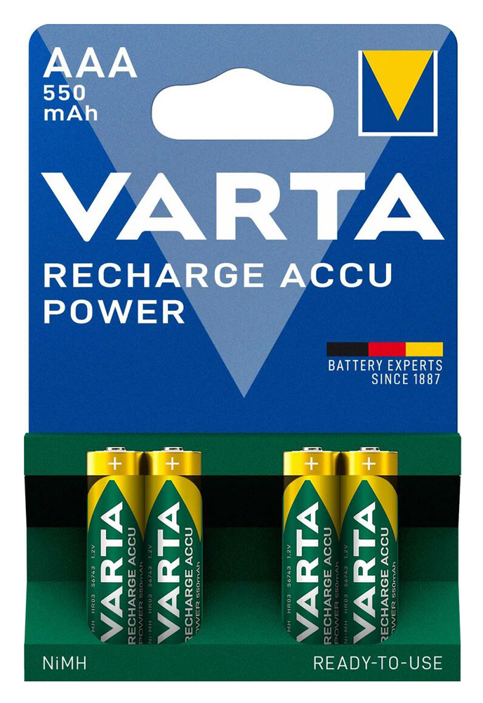 VARTA επαναφορτιζόμενες μπαταρίες λιθίου, AAA, 550mAh, 1.2V, 4τμχ -κωδικός 4008496884292