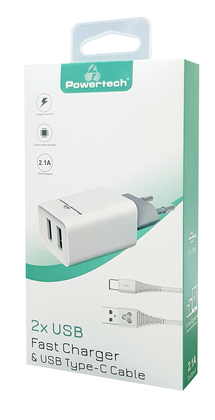 POWERTECH φορτιστής τοίχου PT-776 με καλώδιο USB-C, 2x USB, 2.1A, λευκό