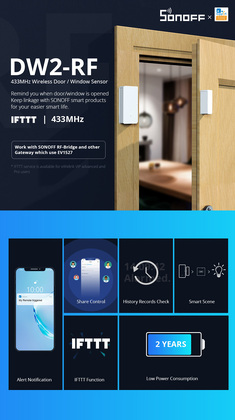 SONOFF alarm sensor πόρτας & παραθύρου DW2-RF, RF 433MHz