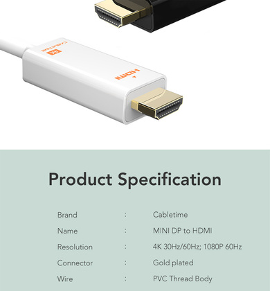 CABLETIME καλώδιο HDMI σε Mini DisplayPort CT-03G4K, 4K/30Hz 1.8m, λευκό