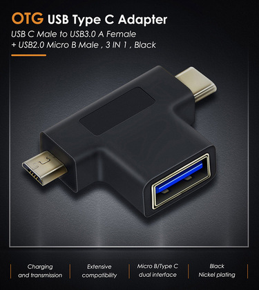 CABLETIME αντάπτορας USB σε USB-C & micro USB CT-3IN1-AB, 5Gbps, μαύρος