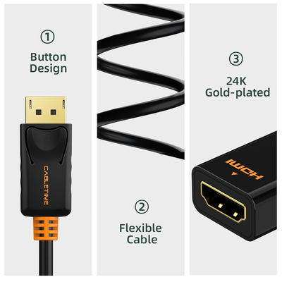 CABLETIME αντάπτορας DisplayPort σε HDMI CT-01G, 1080p, 0.2m, μαύρος