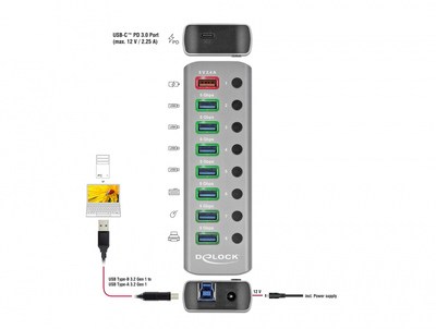 DELOCK USB hub 63264 με διακόπτες, 9x θυρών, 5Gbps, 12V/2.25A PD, γκρι