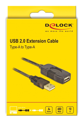 DELOCK καλώδιο USB 2.0 αρσενικό σε θηλυκό 82446, active, 10m, μαύρο
