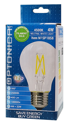 OPTONICA LED λάμπα A60 Filament 1858, 4W, 4500K, E27, 400lm