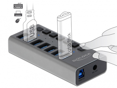 DELOCK USB hub 63669 με διακόπτες, 7x θυρών, 5Gbps, γκρι