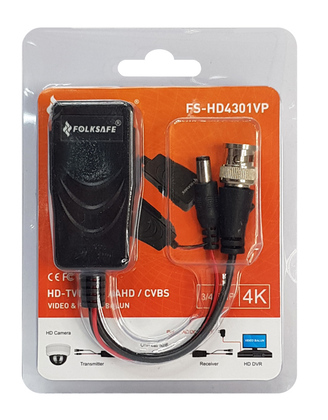 FOLKSAFE video & power balun transmitter FS-HD4301VP, 4K, έως 400m, RJ45