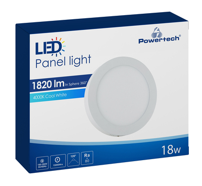 POWERTECH LED panel PAN-0002, 18W, Φ 22.5cm, 4000K, 1820lm, λευκό