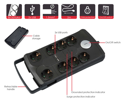 POWERTECH πολύπριζο ασφαλείας PT-995, 8x schuko & 2x USB, 16A, 2m, μαύρο