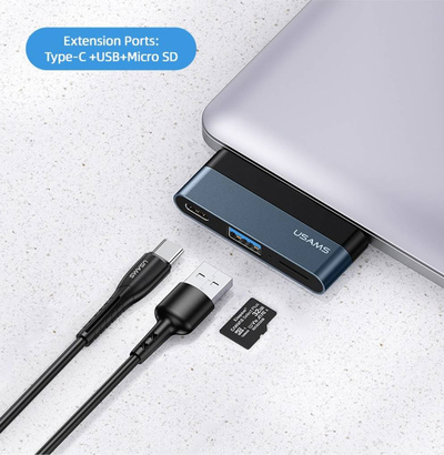 USAMS USB hub US-SJ491 με card reader, 3x θυρών, 5Gbps, 60W, USB-C, γκρι