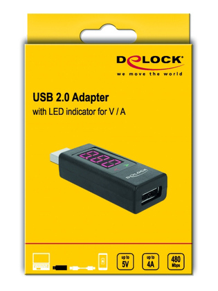 DELOCK αντάπτορας USB 65569 με οθόνη ένδειξης V/A, έως 5V/4A, μαύρος