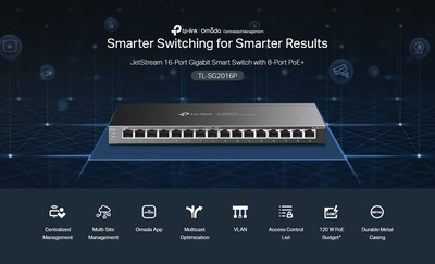 TP-LINK JetStream switch TL-SG2016P, 16-Port Gigabit, 8x PoE+, Ver. 1.0