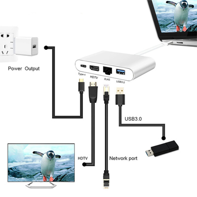 POWERTECH docking station PTH-085, 4 θυρών, USB-C, 100W PD, 4K, γκρι