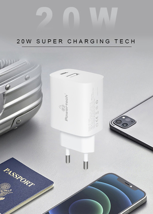 POWERTECH φορτιστής τοίχου PT-1040, USB & USB-C, PD QC3.0, 20W, λευκός