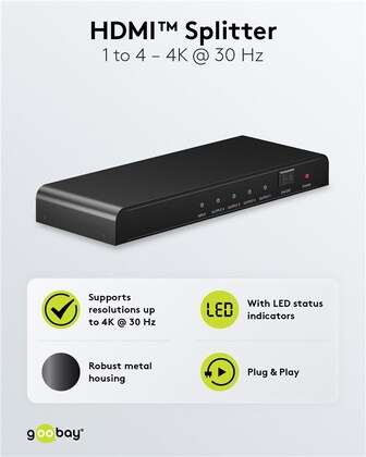 GOOBAY HDMI splitter 58482, 1-in σε 4-out, 4K/30Hz, μαύρο