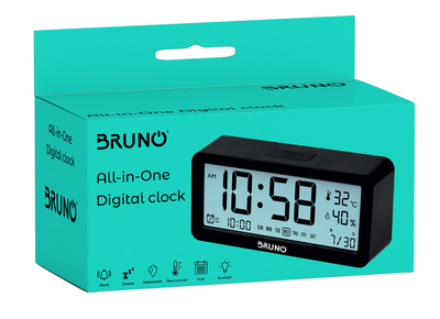 BRUNO ξυπνητήρι BRN-0128 με μέτρηση θερμοκρασίας και υγρασίας, μαύρο
