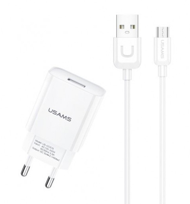 USAMS φορτιστής τοίχου T21OCMC01 με καλώδιο Micro USB, USB 2.1A, λευκός