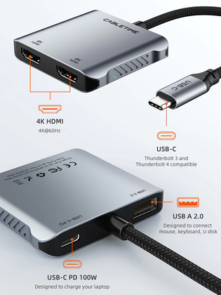 CABLETIME docking station CT-CM2H4K-AG, 4 θυρών, USB-C, 4K, 100W, γκρι