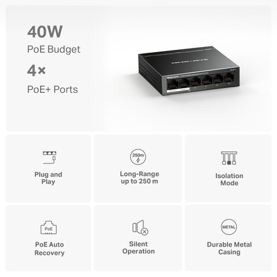 MERCUSYS Desktop Switch MS106LP, 6x 10/100 Mbps, PoE+, Ver. 1.0