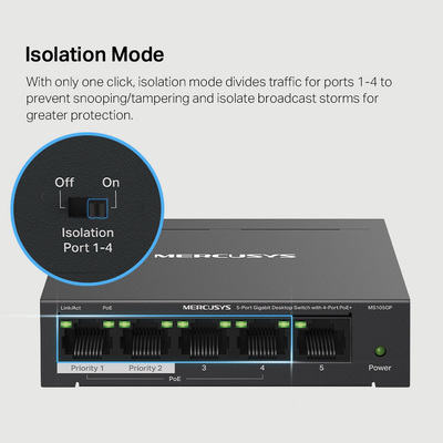 MERCUSYS Desktop Switch MS105GP, 5x 10/100/1000 Mbps, PoE+, Ver. 1.0