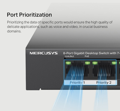 MERCUSYS Desktop Switch MS108GP, 8x 10/100/1000 Mbps, PoE+, Ver. 1.0