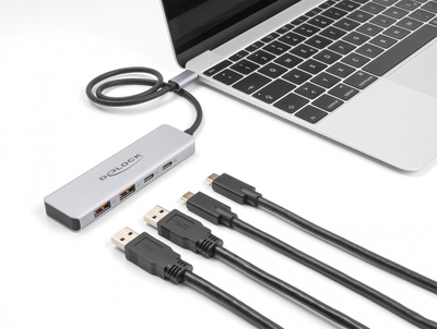 DELOCK USB hub 64230, 4x θυρών, 10Gbps, USB-C σύνδεση, γκρι