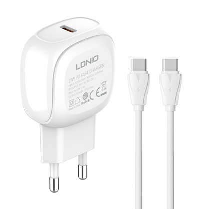 LDNIO φορτιστής τοίχου A1206C με καλώδιο USB-C, 1x USB-C, 27W PD, λευκός