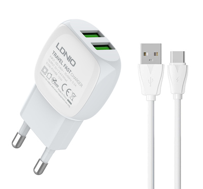 LDNIO φορτιστής τοίχου A2218 με καλώδιο USB-C, 2x USB, 12W, λευκός