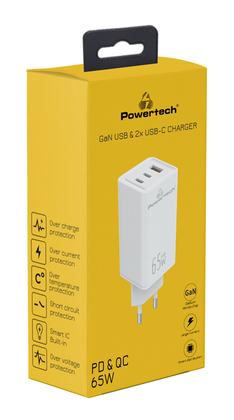 POWERTECH φορτιστής τοίχου PT-1094, USB & 2x USB-C, 65W, GaN, λευκός