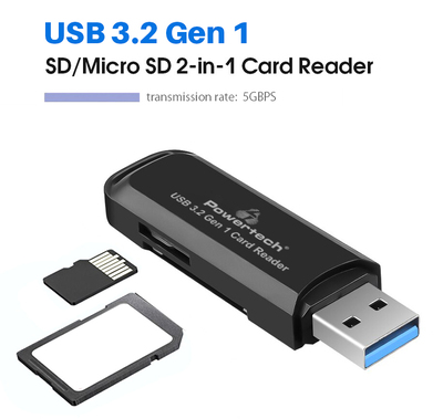 POWERTECH card reader PT-1112 για SD & micro SD, USB 3.2, 5Gbps, μαύρο