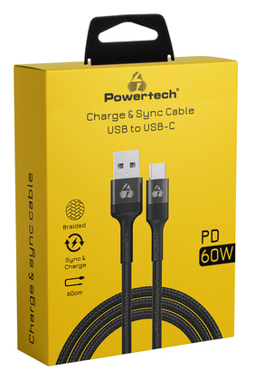 POWERTECH καλώδιο USB σε USB-C PTR-0129, PD 60W, copper, 60cm, μαύρο