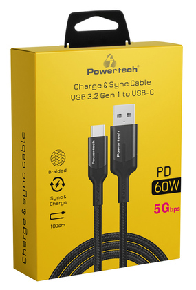 POWERTECH καλώδιο USB σε USB-C PTR-0134 PD 60W, 5Gbps, copper, 1m, μαύρο