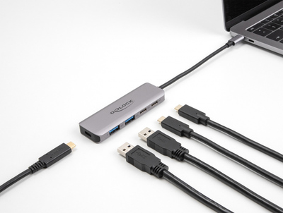 DELOCK USB hub 64239, 4x θυρών, 5Gbps, USB-C σύνδεση, γκρι