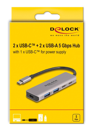 DELOCK USB hub 64239, 4x θυρών, 5Gbps, USB-C σύνδεση, γκρι