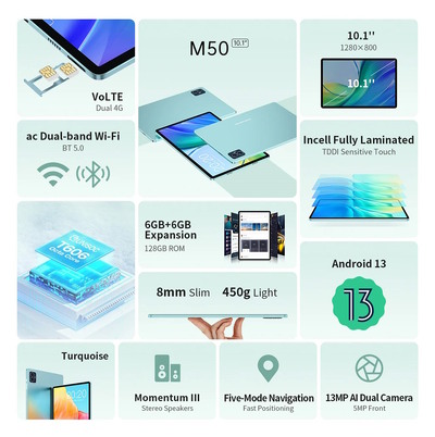 TECLAST tablet M50, 10.1" HD, 6/128GB, Android 14, 4G, 6000mAh, μπλε