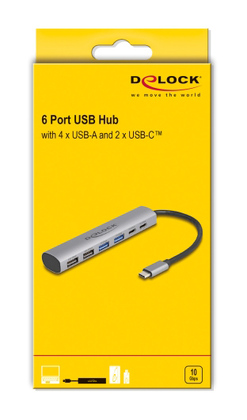 DELOCK USB hub 64232, 6x θυρών, 10Gbps, USB-C σύνδεση, γκρι