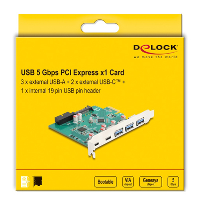 DELOCK κάρτα επέκτασης PCIe x1 σε 3x USB/2x USB-C/19-pin 90109, 5Gbps