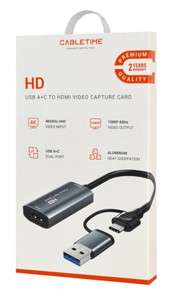 CABLETIME video capture CT-ACHC-AG, HDMI/USB & USB-C, 4K/60Hz, γκρι
