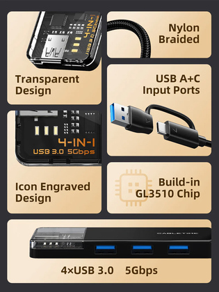 CABLETIME USB hub CT-HUBT3-PB, 4x θυρών, 5Gbps, USB/USB-C σύνδεση, μαύρο