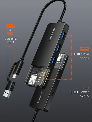 CABLETIME USB hub CT-HUBT3-PB, 4x θυρών, 5Gbps, USB/USB-C σύνδεση, μαύρο