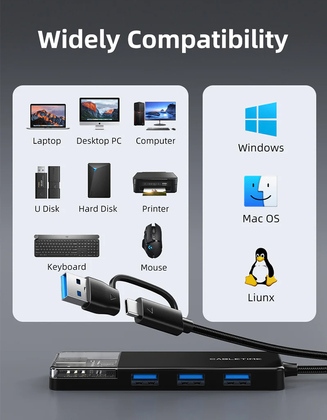 CABLETIME USB hub CT-HUBT3-PB, 4x θυρών, 5Gbps, USB/USB-C σύνδεση, μαύρο