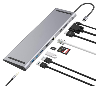 POWERTECH docking station CAB-UC080, 10 θυρών, βάση laptop, USB-C, γκρι