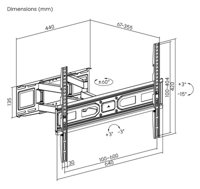 POWERTECH επιτοίχια βάση PT-1130 για τηλεόραση 37-80", full motion, 40kg