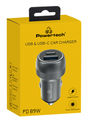 POWERTECH φορτιστής αυτοκινήτου PT-1148, USB & USB-C, 89W PD & QC, γκρι