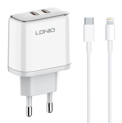 LDNIO φορτιστής τοίχου A2528M με καλώδιο, 2x USB-C, 35W, MFi, λευκό