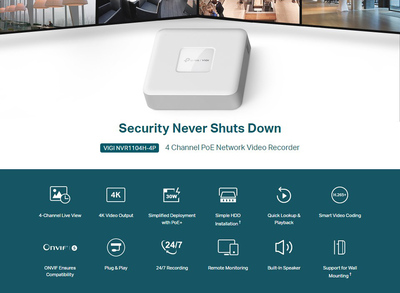 TP-LINK NVR καταγραφικό VIGI NVR1104H-4P, 8MP, 4 κανάλια PoE+, Ver. 1.0