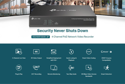 TP-LINK NVR καταγραφικό VIGI NVR1004H-4P, 8MP, 4 κανάλια PoE, Ver. 1.0
