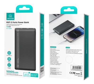 USAMS power bank US-CD205, 2x USB θύρες εξόδου, 10000mAh, 10W, μαύρο